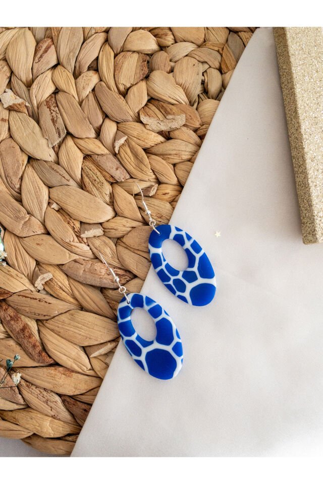 Özel Tasarım Mavi Opal Yarı Saydam Mermer Görünüm Geometrik Küpe