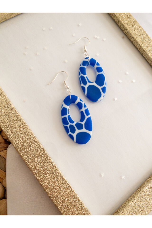 Özel Tasarım Mavi Opal Yarı Saydam Mermer Görünüm Geometrik Küpe