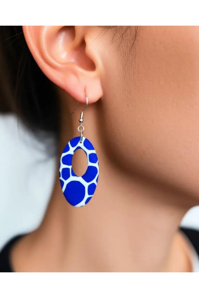 Özel Tasarım Mavi Opal Yarı Saydam Mermer Görünüm Geometrik Küpe