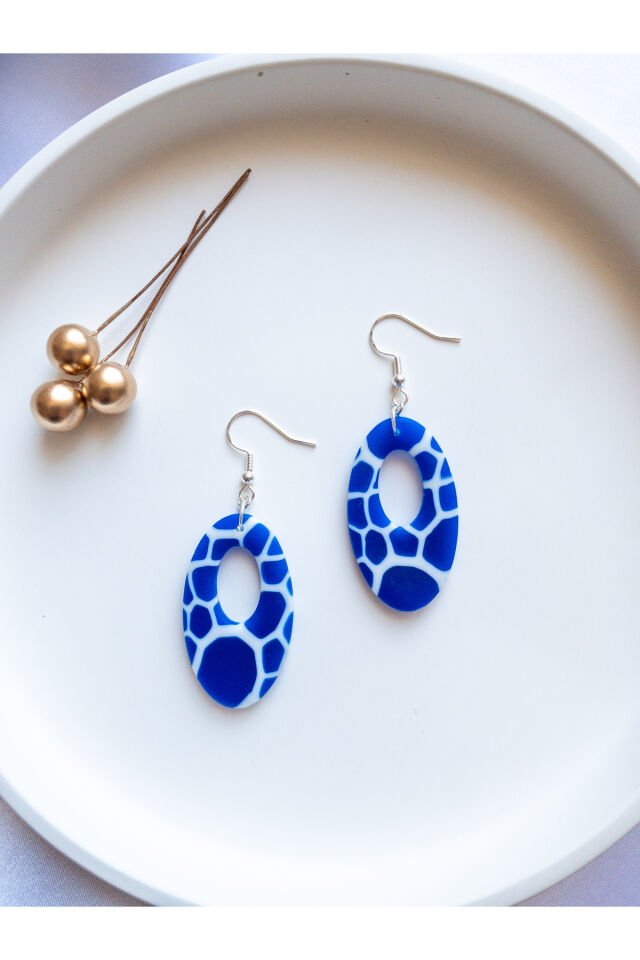 Özel Tasarım Mavi Opal Yarı Saydam Mermer Görünüm Geometrik Küpe