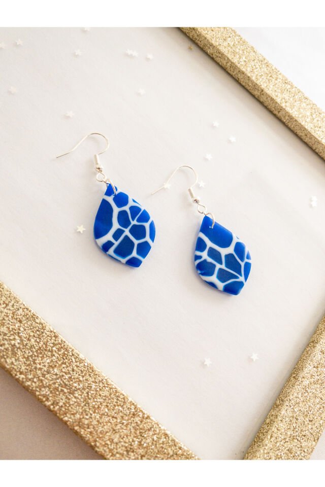 Özel Tasarım Mavi Opal Yarı Saydam Mermer Görünüm Damla Küpe