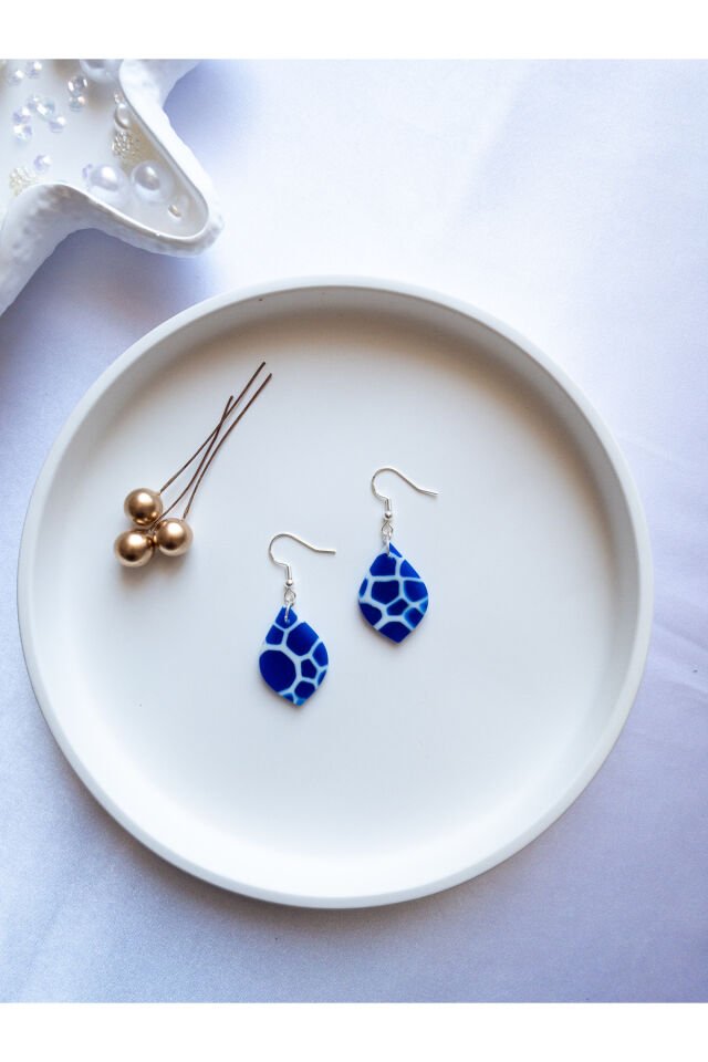 Özel Tasarım Mavi Opal Yarı Saydam Mermer Görünüm Damla Küpe