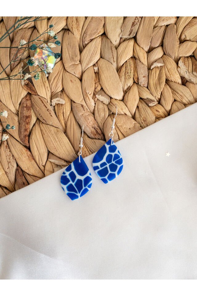 Özel Tasarım Mavi Opal Yarı Saydam Mermer Görünüm Damla Küpe