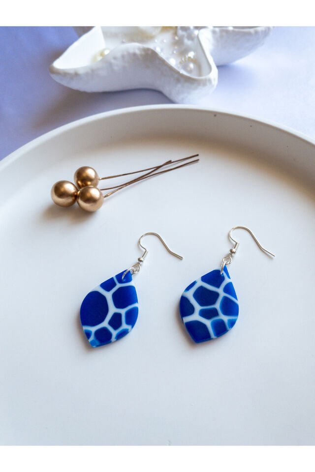 Özel Tasarım Mavi Opal Yarı Saydam Mermer Görünüm Damla Küpe