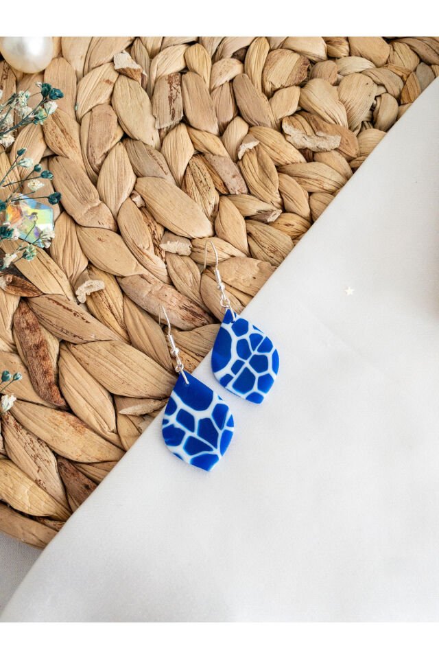 Özel Tasarım Mavi Opal Yarı Saydam Mermer Görünüm Damla Küpe