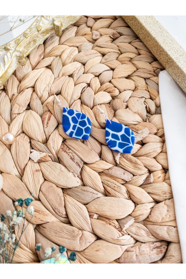 Özel Tasarım Mavi Opal Yarı Saydam Mermer Görünüm Damla Küpe