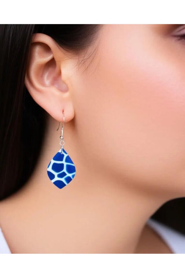 Özel Tasarım Mavi Opal Yarı Saydam Mermer Görünüm Damla Küpe