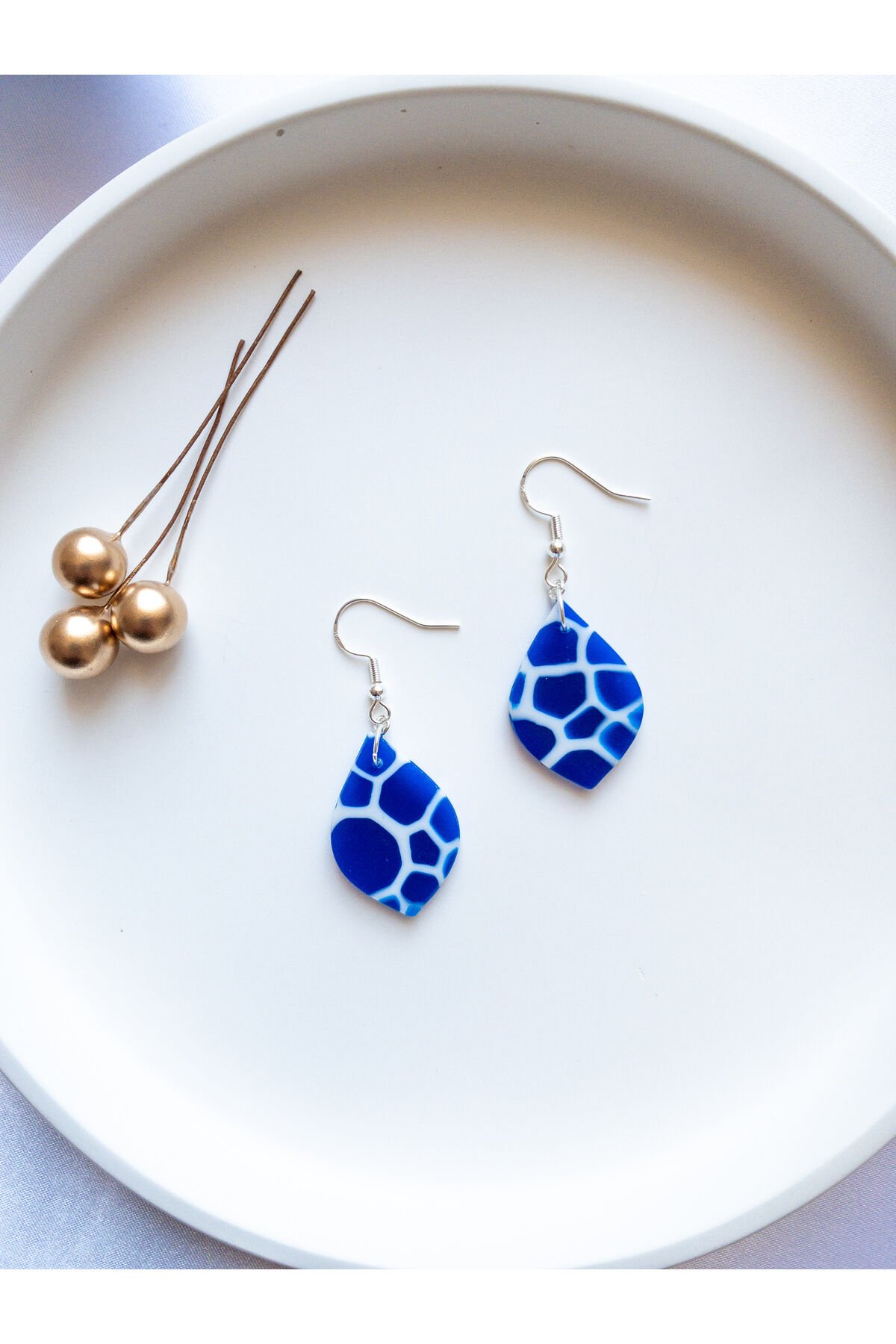 Özel Tasarım Mavi Opal Yarı Saydam Mermer Görünüm Damla Küpe