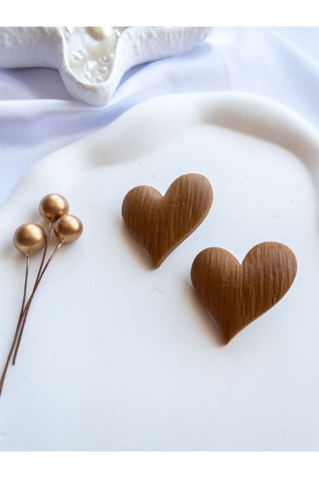 Özel Tasarım Kahverengi Polimer Kil Ahşap Görünüm Kalp Küpe