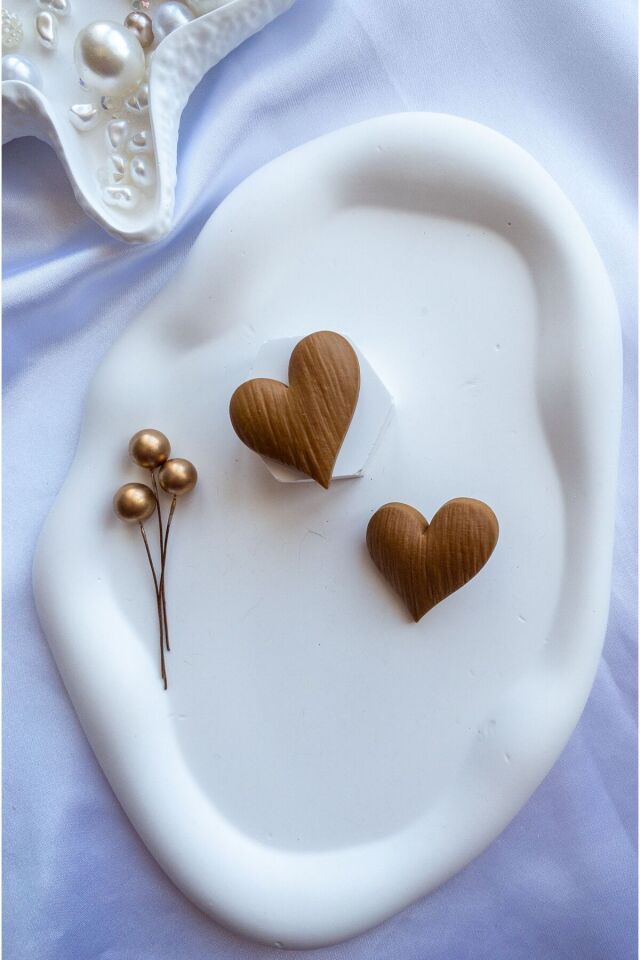 Özel Tasarım Kahverengi Polimer Kil Ahşap Görünüm Kalp Küpe