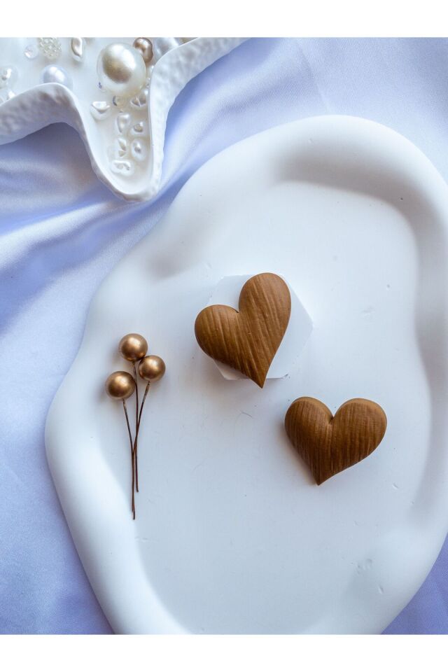 Özel Tasarım Kahverengi Polimer Kil Ahşap Görünüm Kalp Küpe