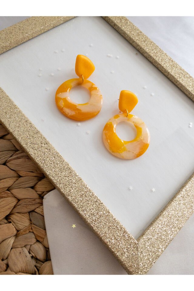 Özel Tasarım Doğal Taş Görünümlü Sedef Detay Reçine Turuncu Halka Küpe