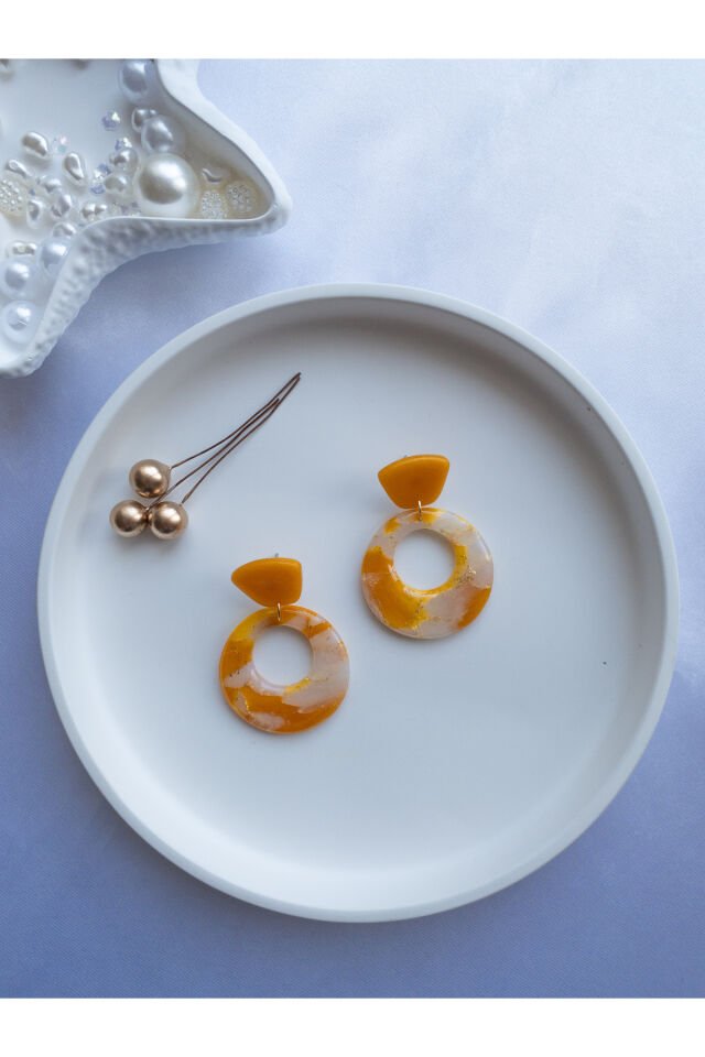 Özel Tasarım Doğal Taş Görünümlü Sedef Detay Reçine Turuncu Halka Küpe