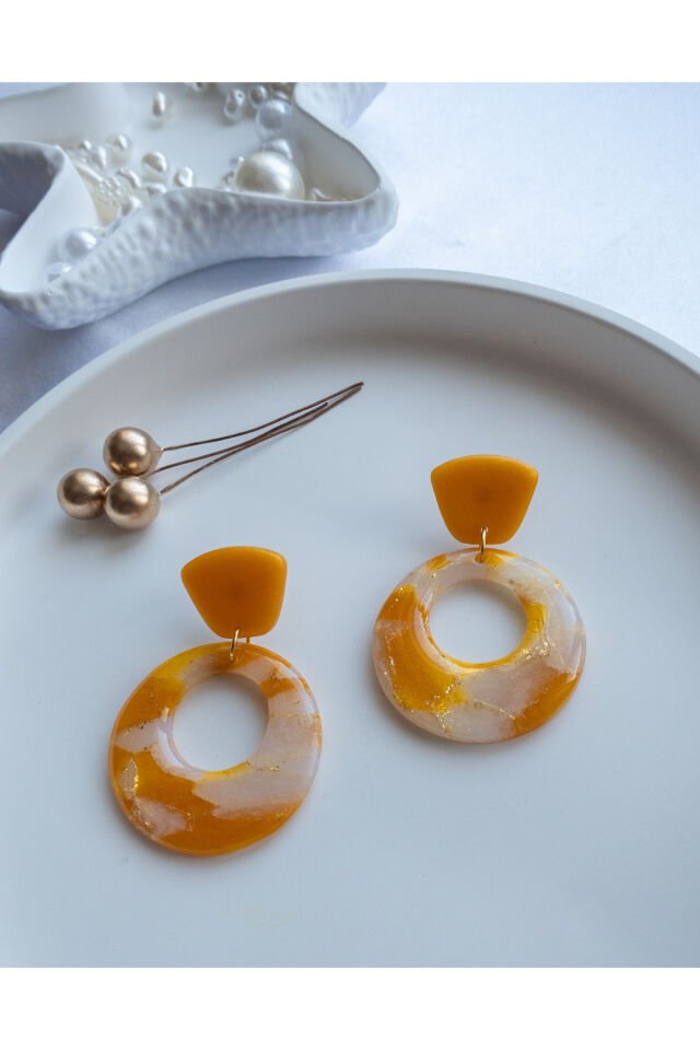 Özel Tasarım Doğal Taş Görünümlü Sedef Detay Reçine Turuncu Halka Küpe