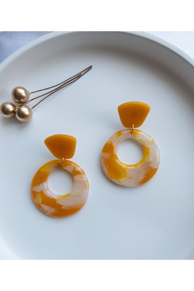 Özel Tasarım Doğal Taş Görünümlü Sedef Detay Reçine Turuncu Halka Küpe