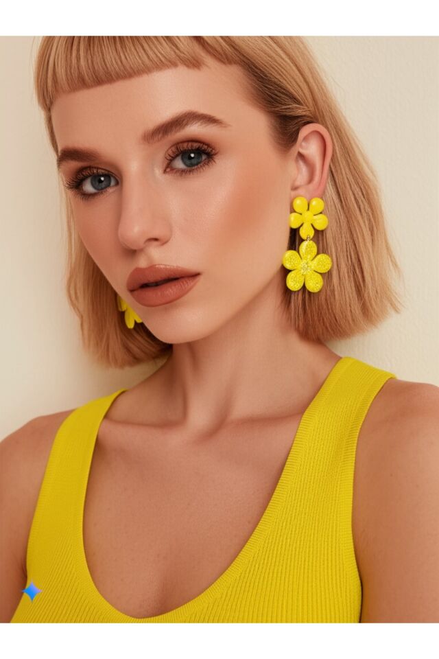 Özel Tasarım Sarı Polimer Kil Üzeri Simli Detay Çiçek Küpe