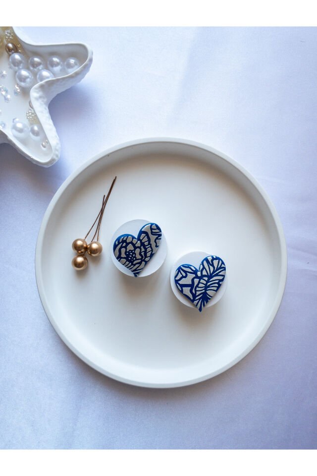 Özel Tasarım Mavi Polimer Kil Üzeri Desenli Kalp Küpe