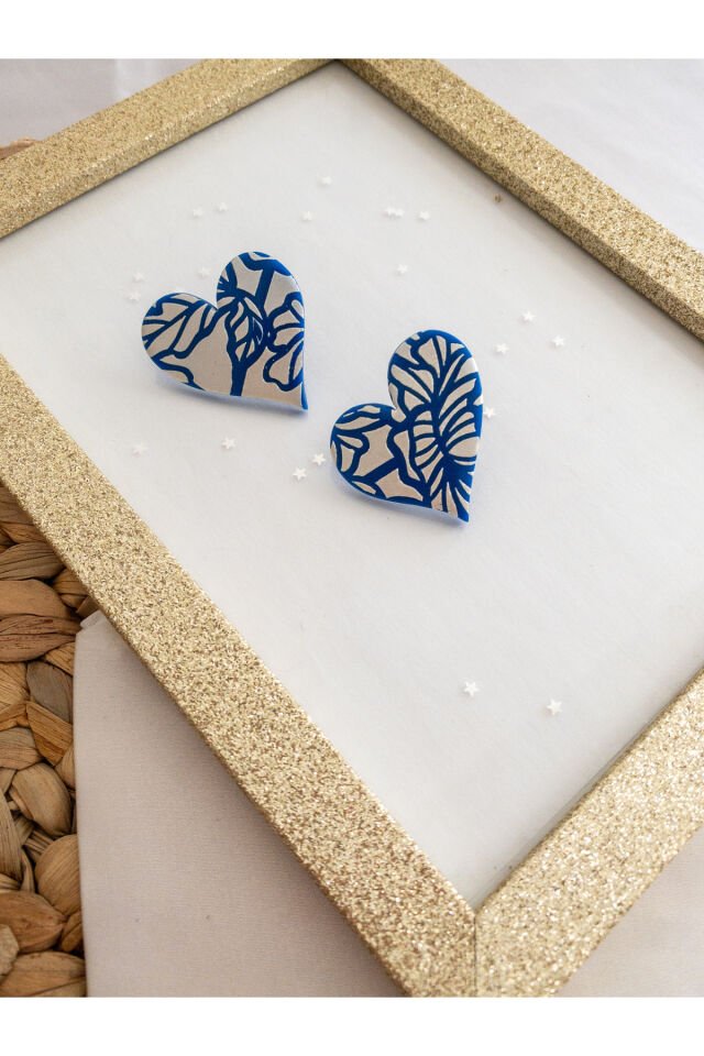 Özel Tasarım Mavi Polimer Kil Üzeri Desenli Kalp Küpe