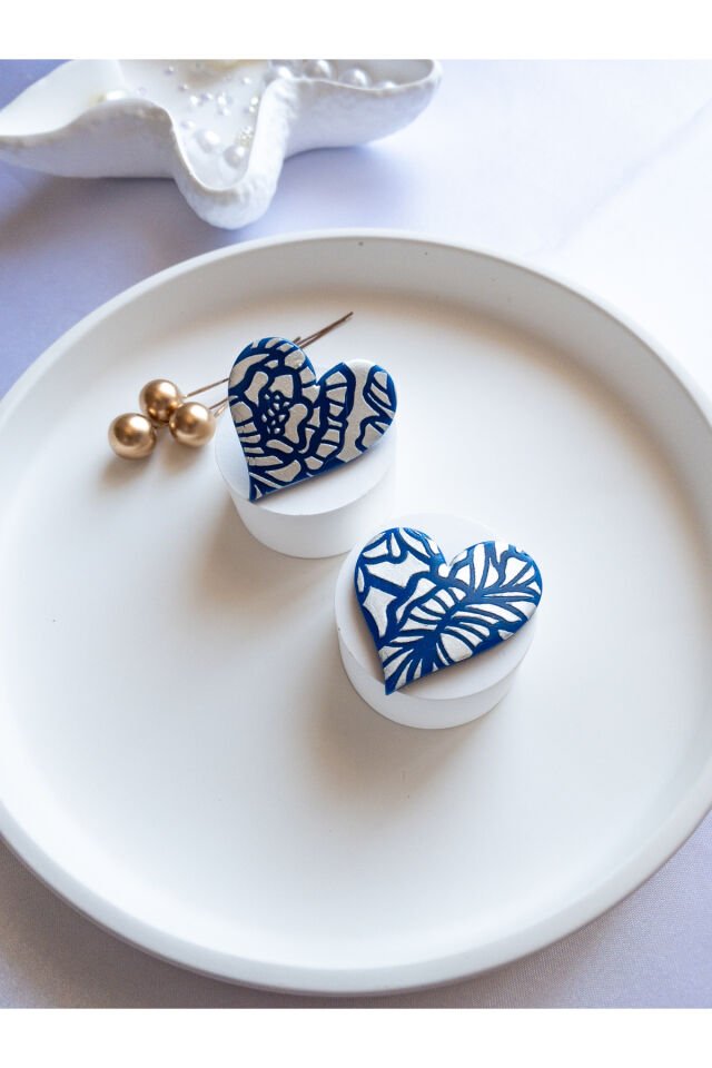 Özel Tasarım Mavi Polimer Kil Üzeri Desenli Kalp Küpe