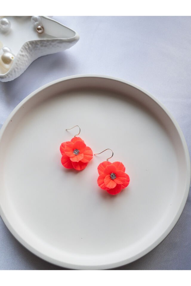 Özel Tasarım Neon Pembe Polimer Kil Çiçek Küpe