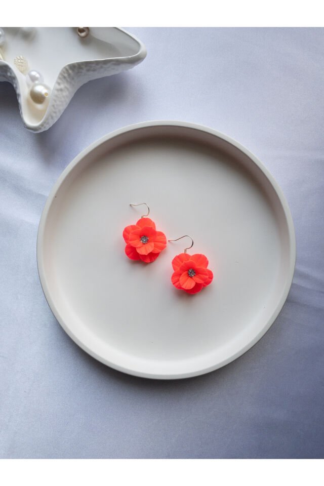 Özel Tasarım Neon Pembe Polimer Kil Çiçek Küpe