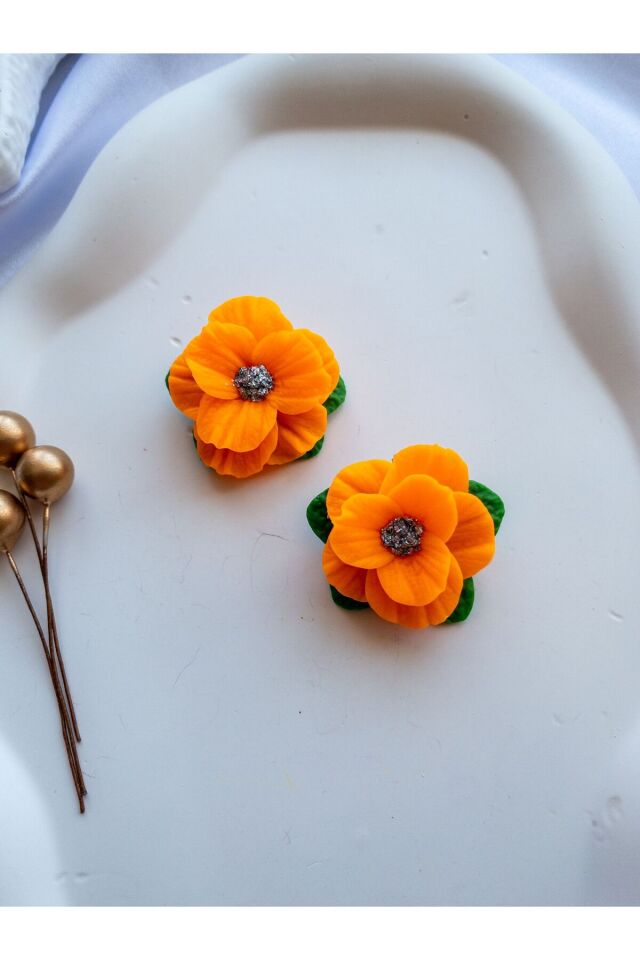 Özel Tasarım Neon Turuncu Polimer Kil Çiçek Küpe