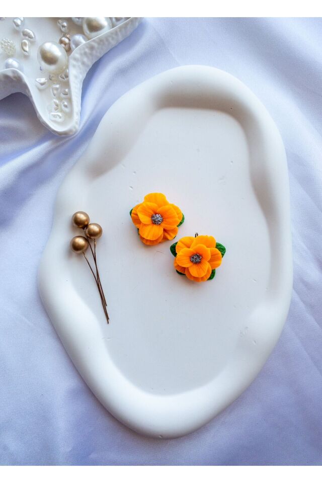 Özel Tasarım Neon Turuncu Polimer Kil Çiçek Küpe