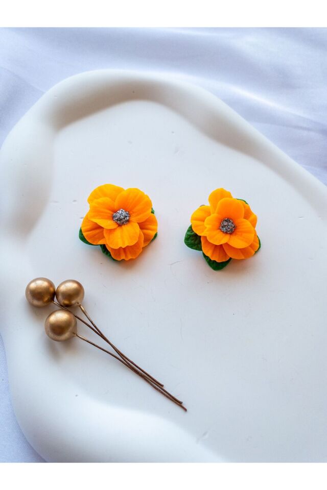 Özel Tasarım Neon Turuncu Polimer Kil Çiçek Küpe