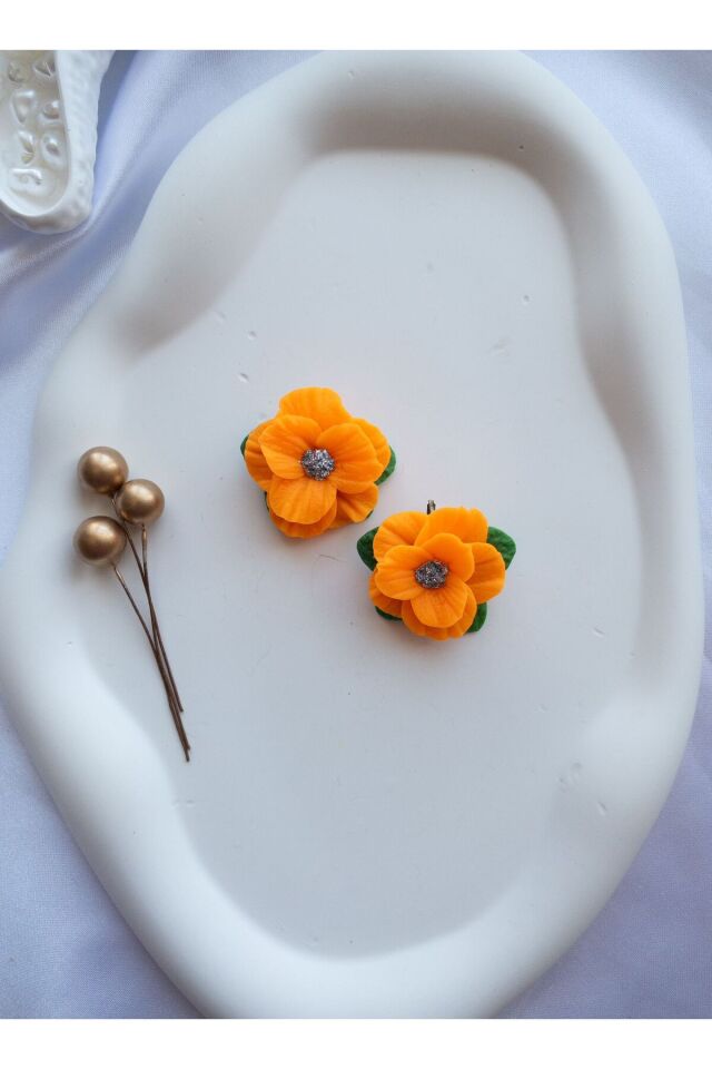 Özel Tasarım Neon Turuncu Polimer Kil Çiçek Küpe