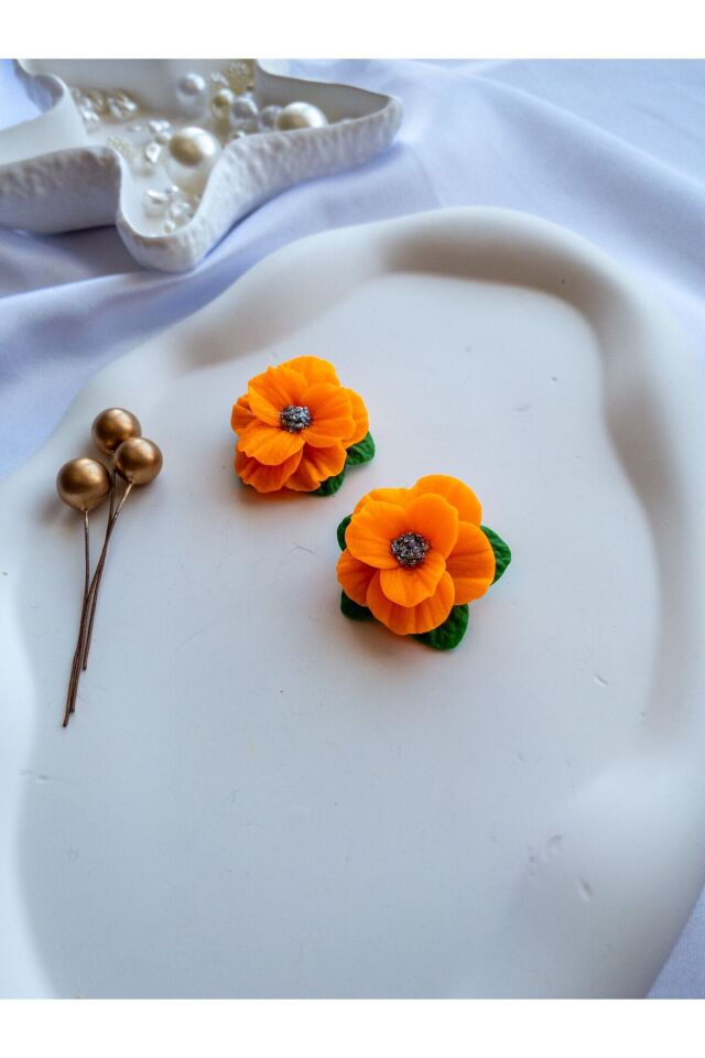 Özel Tasarım Neon Turuncu Polimer Kil Çiçek Küpe