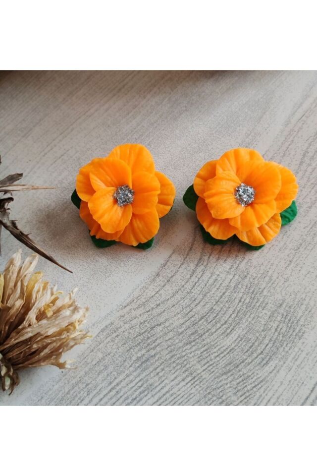 Özel Tasarım Neon Turuncu Polimer Kil Çiçek Küpe