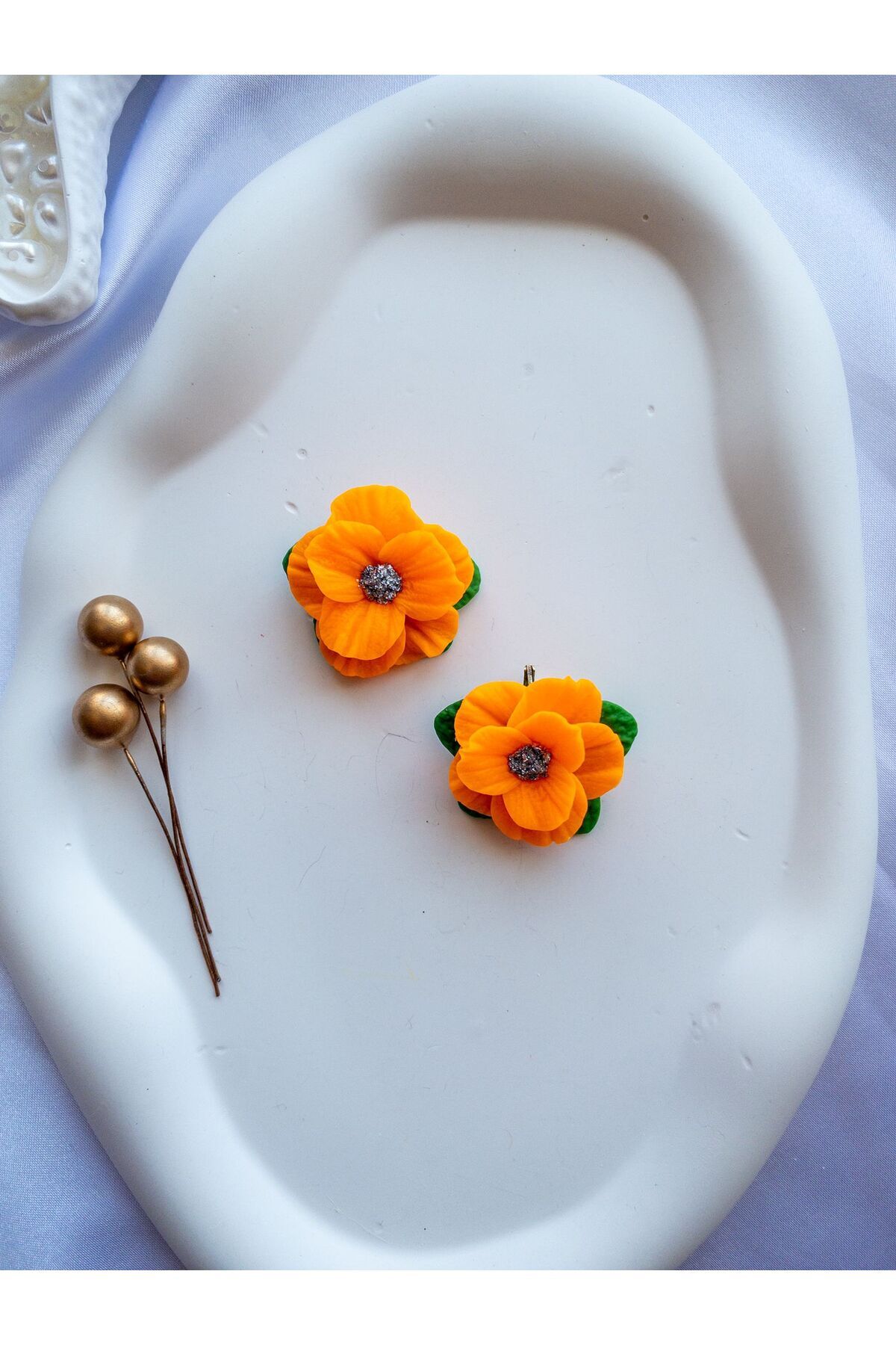 Özel Tasarım Neon Turuncu Polimer Kil Çiçek Küpe