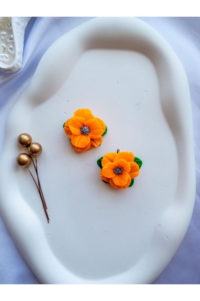 Özel Tasarım Neon Turuncu Polimer Kil Çiçek Küpe