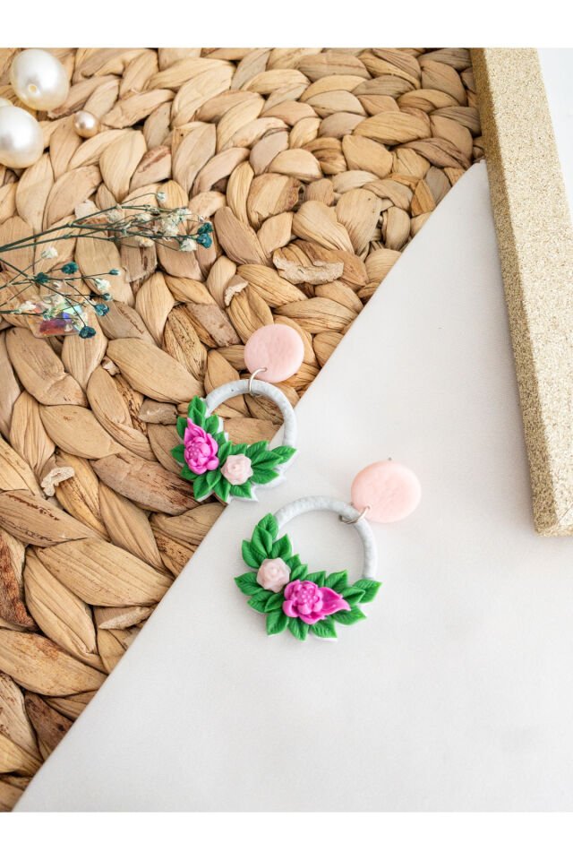 Özel Tasarım Polimer Kil Çiçek Buketi Halka Küpe