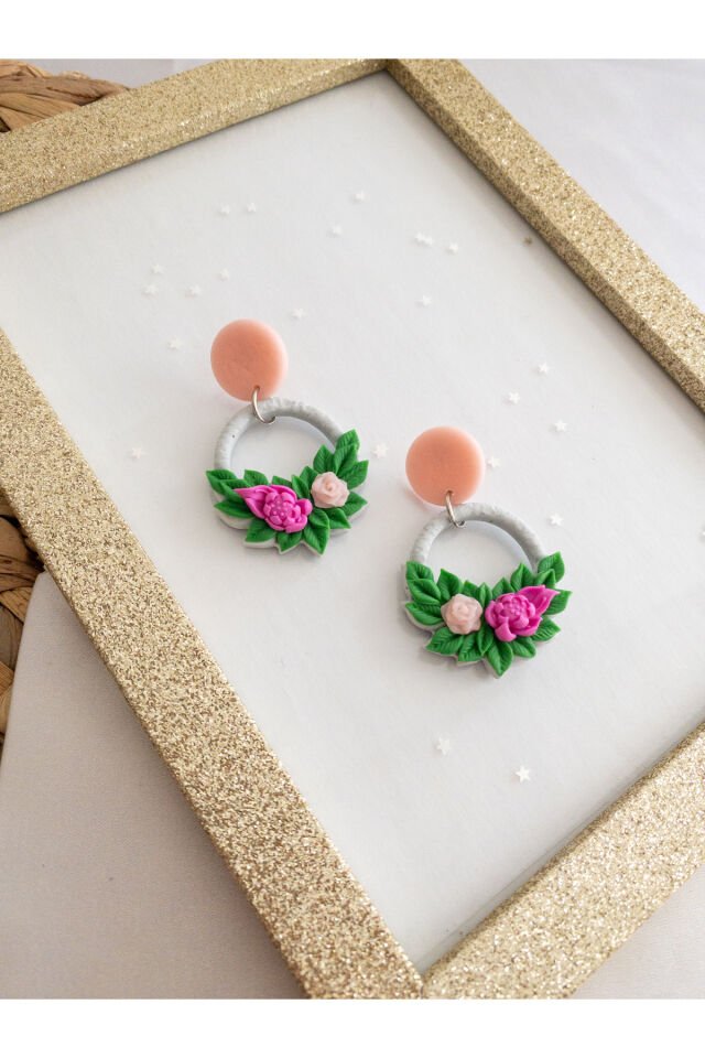 Özel Tasarım Polimer Kil Çiçek Buketi Halka Küpe