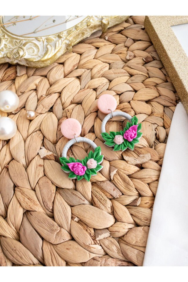 Özel Tasarım Polimer Kil Çiçek Buketi Halka Küpe