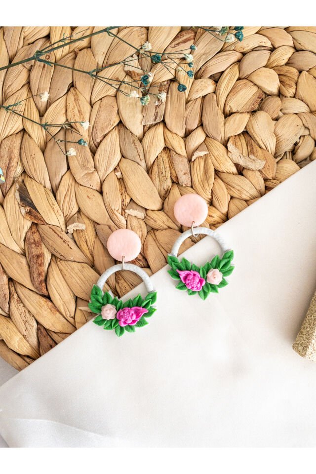 Özel Tasarım Polimer Kil Çiçek Buketi Halka Küpe