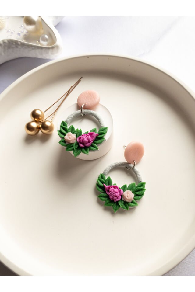 Özel Tasarım Polimer Kil Çiçek Buketi Halka Küpe