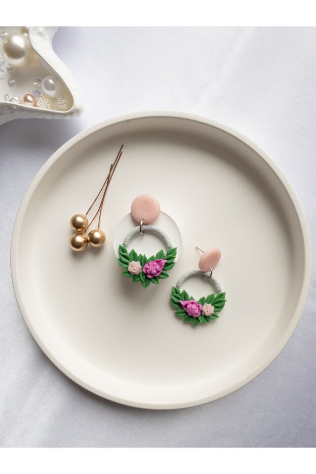 Özel Tasarım Polimer Kil Çiçek Buketi Halka Küpe