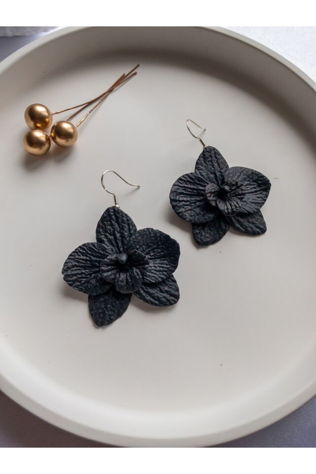 Özel Tasarım Siyah Polimer Kil Üzeri Kırmızı Sim Detay Orkide Küpe