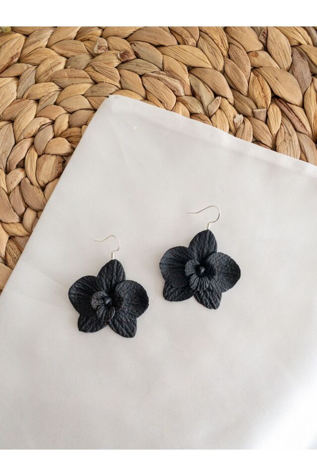 Özel Tasarım Siyah Polimer Kil Üzeri Kırmızı Sim Detay Orkide Küpe