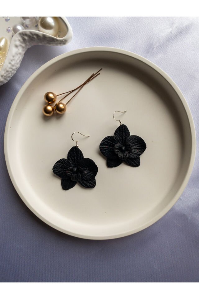 Özel Tasarım Siyah Polimer Kil Üzeri Kırmızı Sim Detay Orkide Küpe