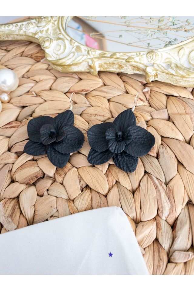 Özel Tasarım Siyah Polimer Kil Üzeri Kırmızı Sim Detay Orkide Küpe