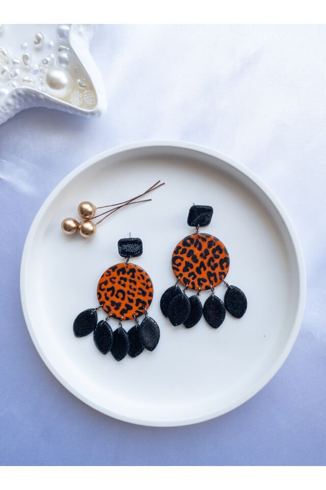 Özel Tasarım Siyah Simli Polimer Kil Üzeri Leopar Desen Küpe