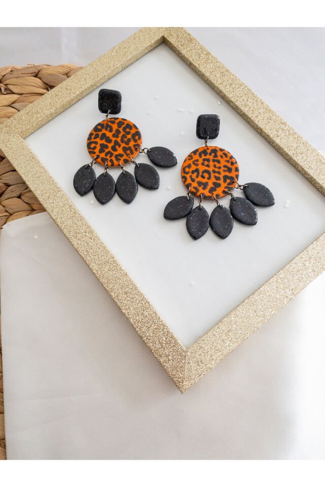 Özel Tasarım Siyah Simli Polimer Kil Üzeri Leopar Desen Küpe