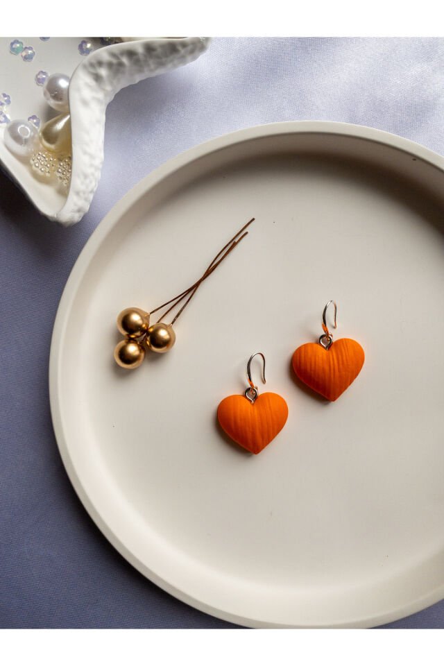 Özel Tasarım Turuncu Kalp Küpe