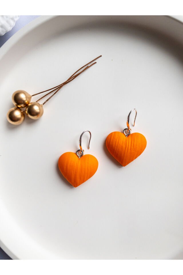 Özel Tasarım Turuncu Kalp Küpe