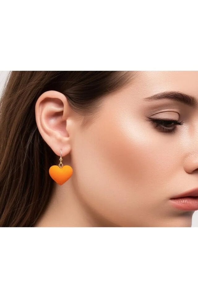 Özel Tasarım Turuncu Kalp Küpe