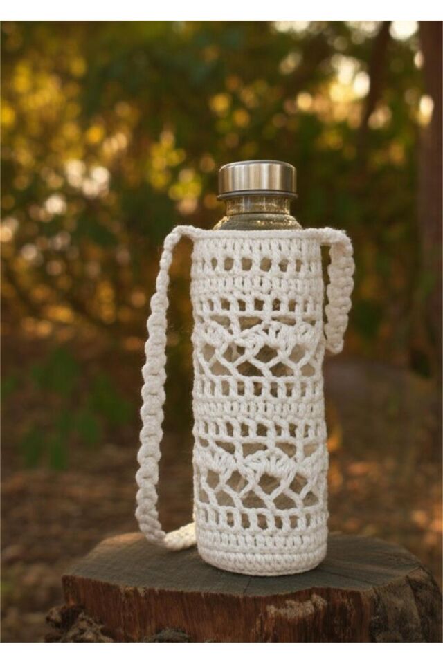 Özel Tasarım Krem Rengi Örgü Mini Çanta/Su Taşıma Çantası