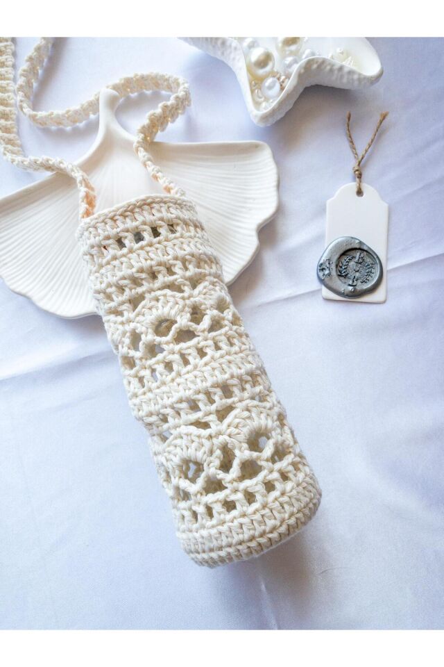 Özel Tasarım Krem Rengi Örgü Mini Çanta/Su Taşıma Çantası